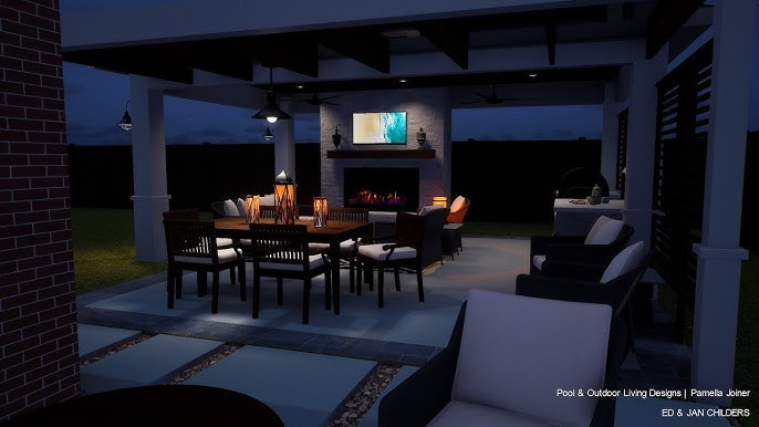 covered patio with fireplace and tv